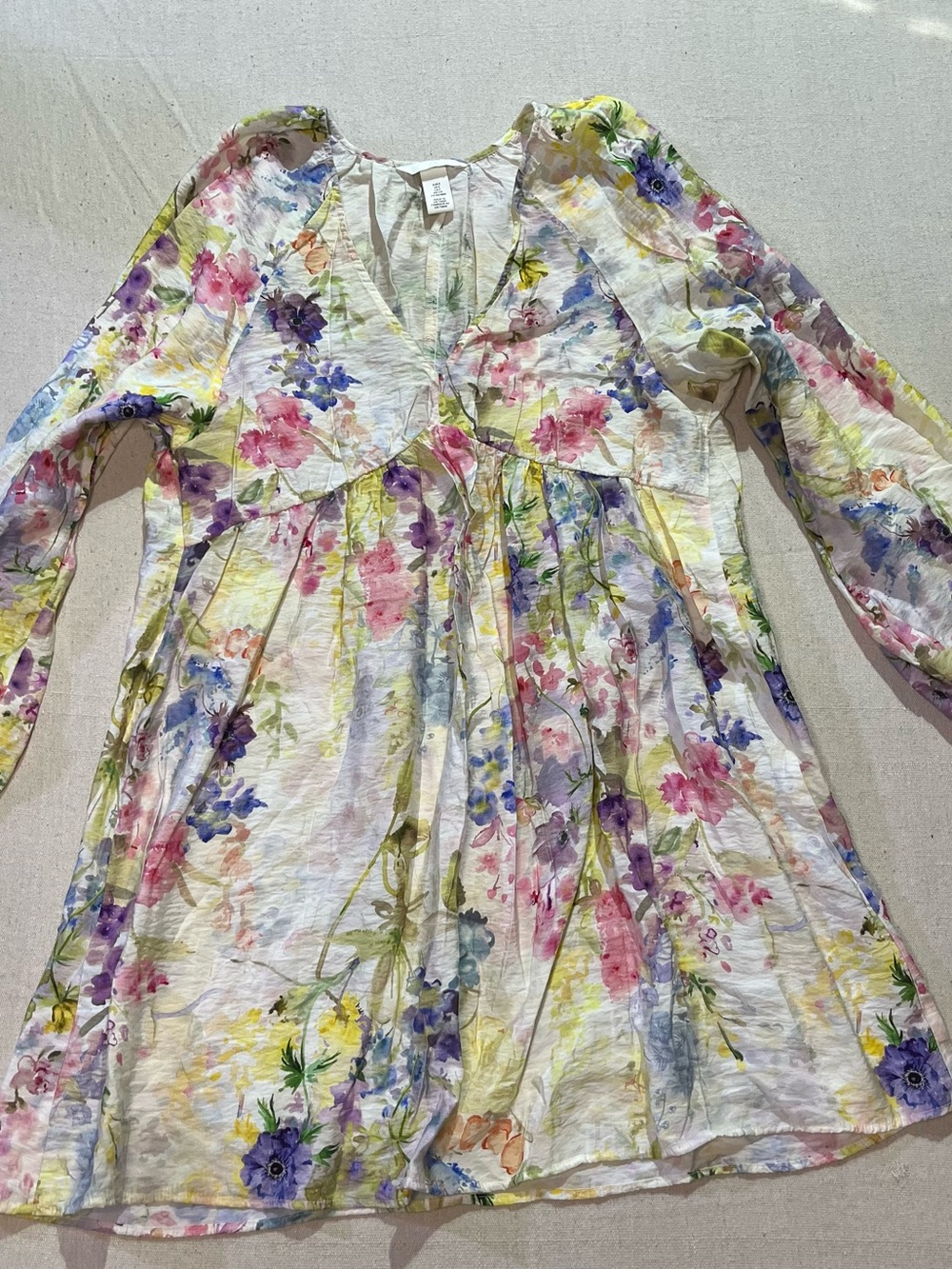 H&M Watercolor Floral V-neck Long Balloon Sleeve Airy Dress, Sz S